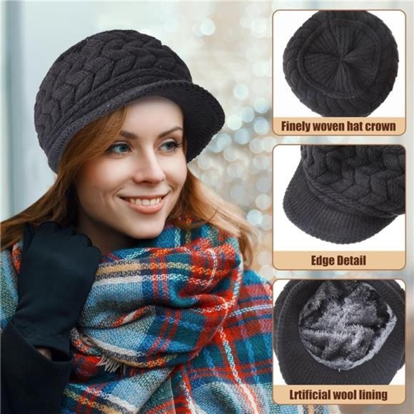 9 Pcs Women\'s Winter Beanie Knit Hat Fleece Lined Knitted Caps with Visor main image 6